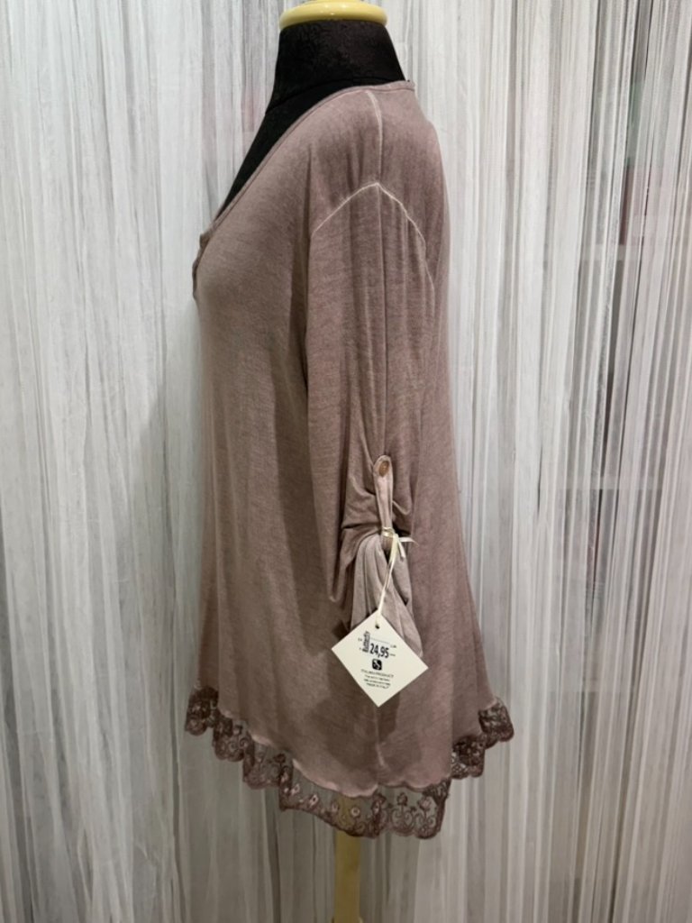 Nwt Luna Taupe Knit Lace Hem Roll Tab Sleeve Top Made In Italy Size Medium — image 2 of 8